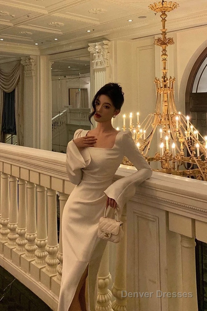 Chic Mermaid Square Neckline Long Sleeves Slit Prom Dresses Birthday Outfits Secondary image