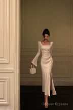 Chic Mermaid Square Neckline Long Sleeves Slit Prom Dresses Birthday Outfits