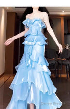 Chic Mermaid Strapless Light Sky Blue Chiffon Ruffles Long Prom Dresses Birthday Outfits