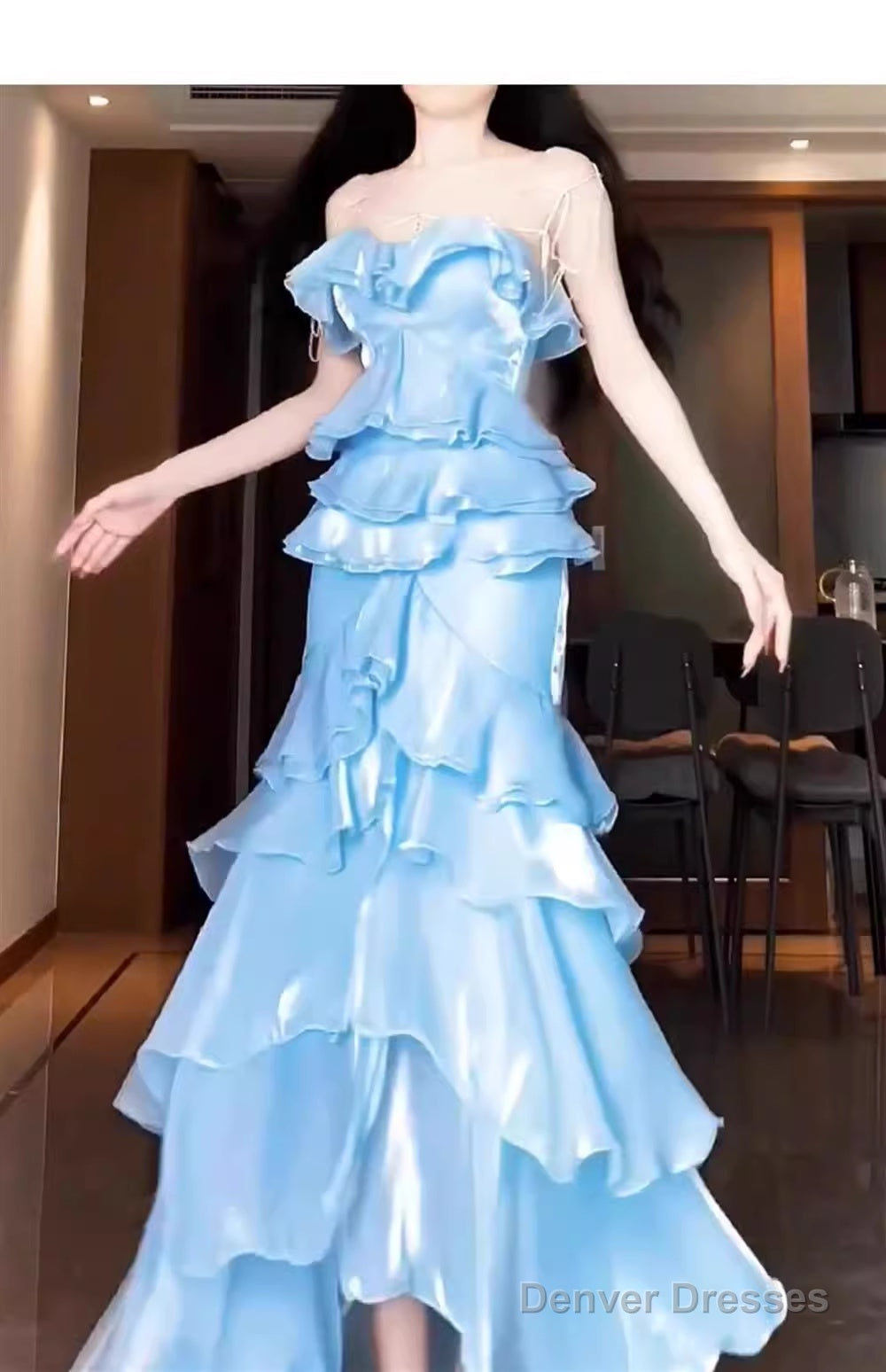 Chic Mermaid Strapless Light Sky Blue Chiffon Ruffles Long Prom Dresses Birthday Outfits