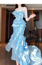 Chic Mermaid Strapless Light Sky Blue Chiffon Ruffles Long Prom Dresses Birthday Outfits