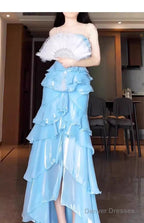 Chic Mermaid Strapless Light Sky Blue Chiffon Ruffles Long Prom Dresses Birthday Outfits