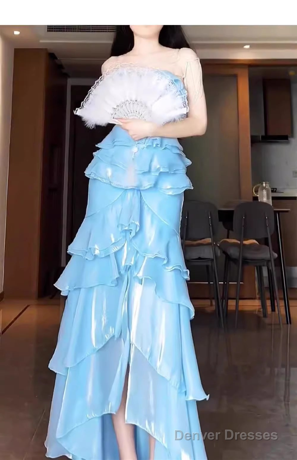 Chic Mermaid Strapless Light Sky Blue Chiffon Ruffles Long Prom Dresses Birthday Outfits