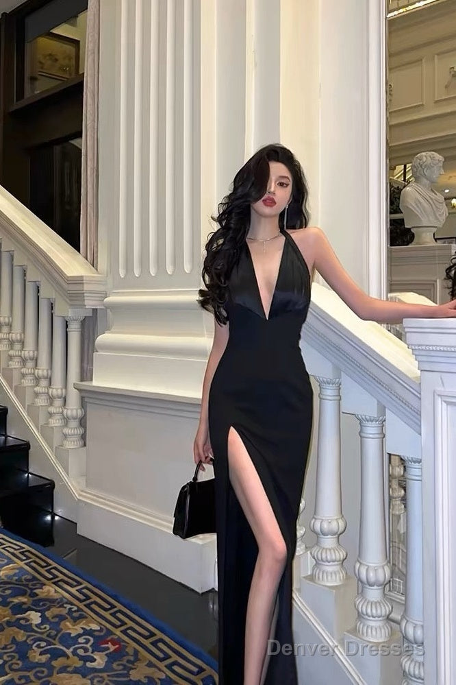 Chic Mermaid V Neckline Backless Black Slit Prom Dresses Birthday Outfits Main image