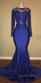 Chic Open Back Royal Blue Real Model Prom Dress Lace Long Sleeves Mermaid Evening Gown