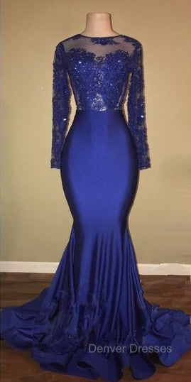 Chic Open Back Royal Blue Real Model Prom Dress Lace Long Sleeves Mermaid Evening Gown