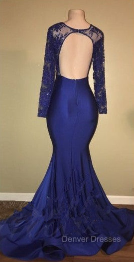 Chic Open Back Royal Blue Real Model Prom Dress Lace Long Sleeves Mermaid Evening Gown