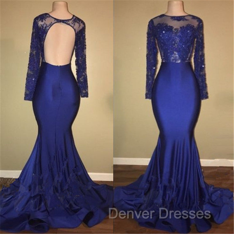Chic Open Back Royal Blue Real Model Prom Dress Lace Long Sleeves Mermaid Evening Gown