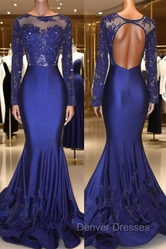 Chic Open Back Royal Blue Real Model Prom Dress Lace Long Sleeves Mermaid Evening Gown