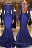 Chic Open Back Royal Blue Real Model Prom Dress Lace Long Sleeves Mermaid Evening Gown