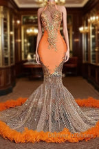 Chic Orange Long Mermaid Halter Sleeveless Tulle Prom Dress