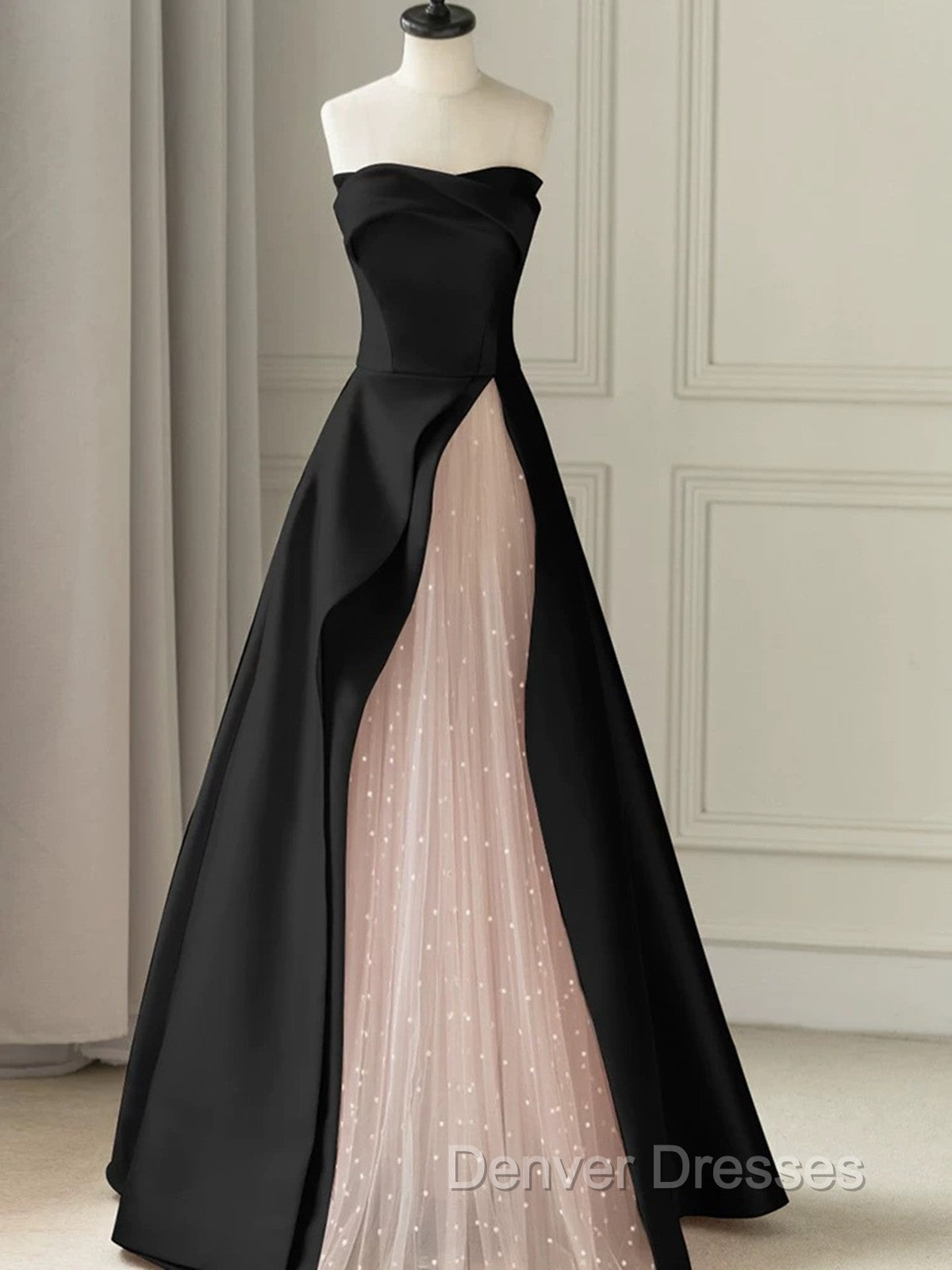 Chic Pink and Black Satin with Tulle Prom Dress, A-line Long Party Dress Secondary image