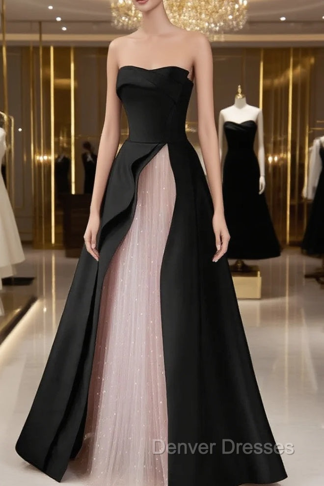 Chic Pink and Black Satin with Tulle Prom Dress, A-line Long Party Dress Main image