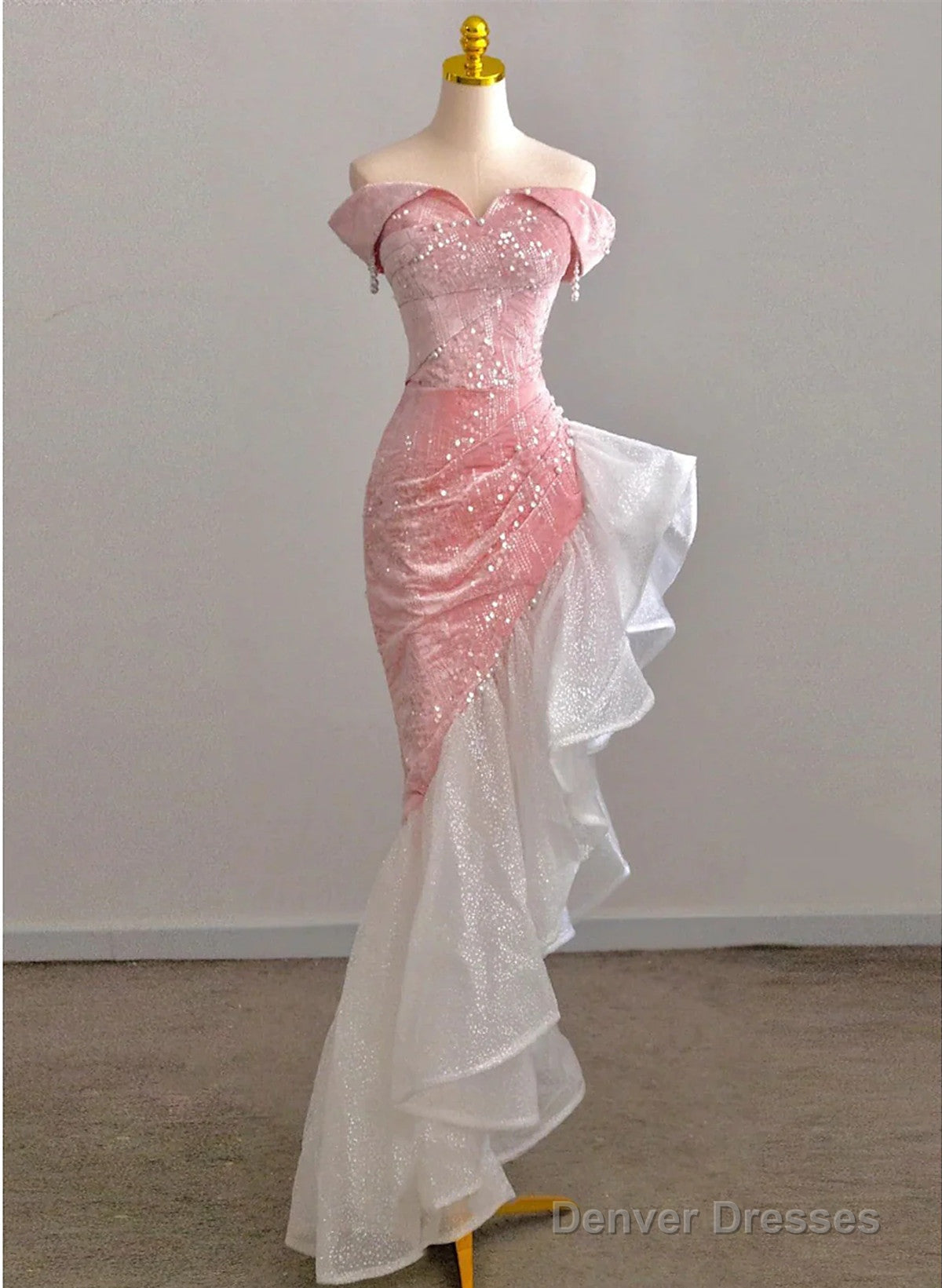 Chic Pink High Low Mermaid Off Shoulder Prom Dress, Pink Homecoming Dress Main image