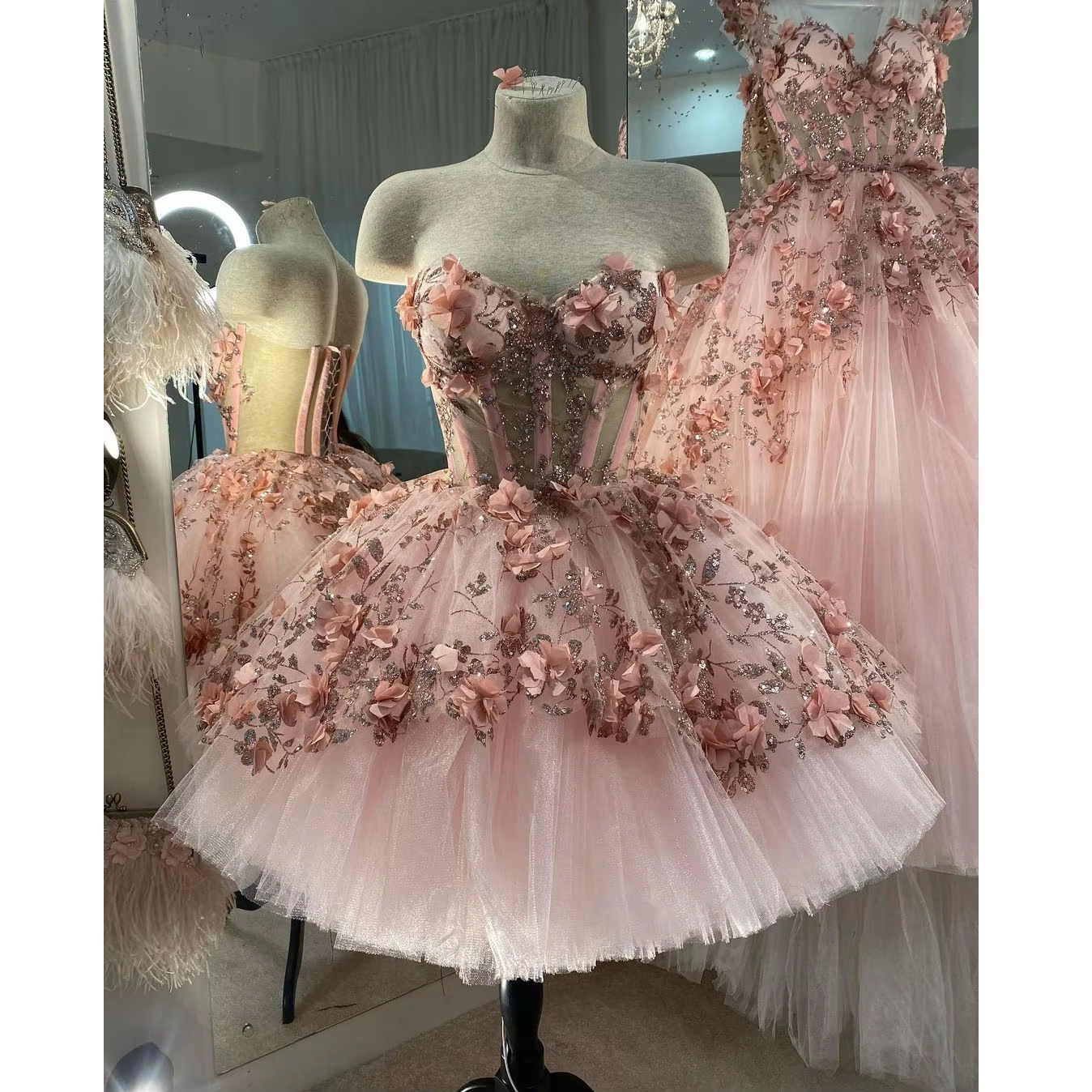 Chic Pink Prom Dress Hand Made Flowers 18Th Birthday Outfits