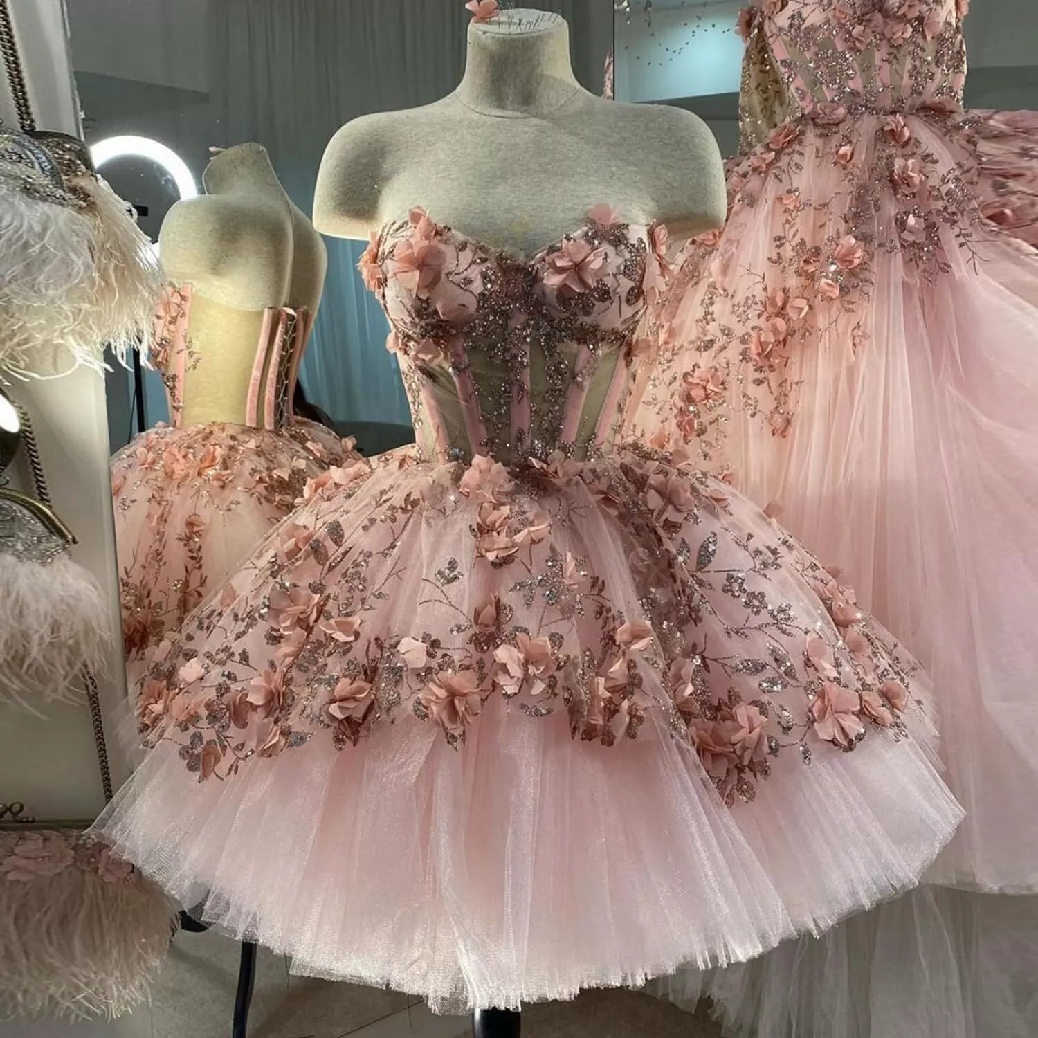Chic Pink Prom Dress Hand Made Flowers 18Th Birthday Outfits