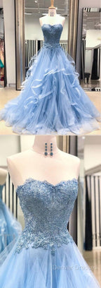 Chic Prom Dress Sweetheart Sky Blue Ruffles Aline Lace Prom Dress