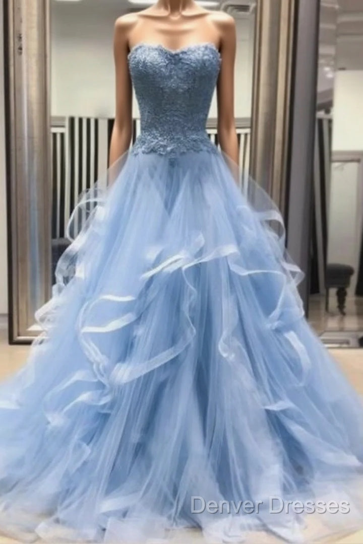 Chic Prom Dress Sweetheart Sky Blue Ruffles Aline Lace Prom Dress Main image