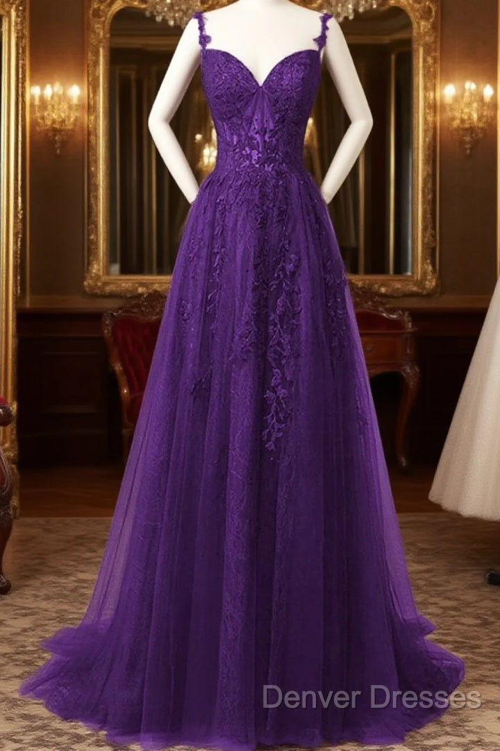 Chic Purple Sweetheart Straps Long Tulle Party Dress, Purple Long Evening Dress Main image
