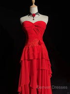 Chic Red High Low Chiffon Wedding Party Dress, Red Layers Long Formal Dress