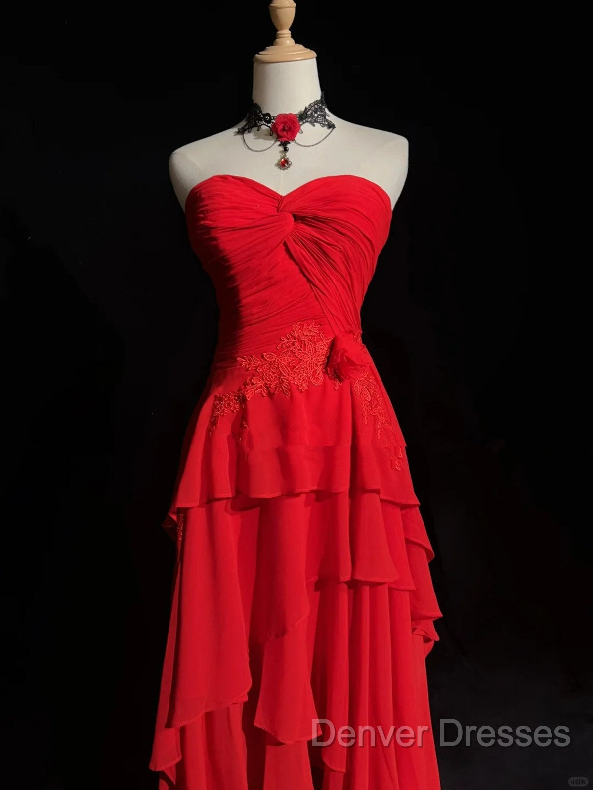 Chic Red High Low Chiffon Wedding Party Dress, Red Layers Long Formal Dress