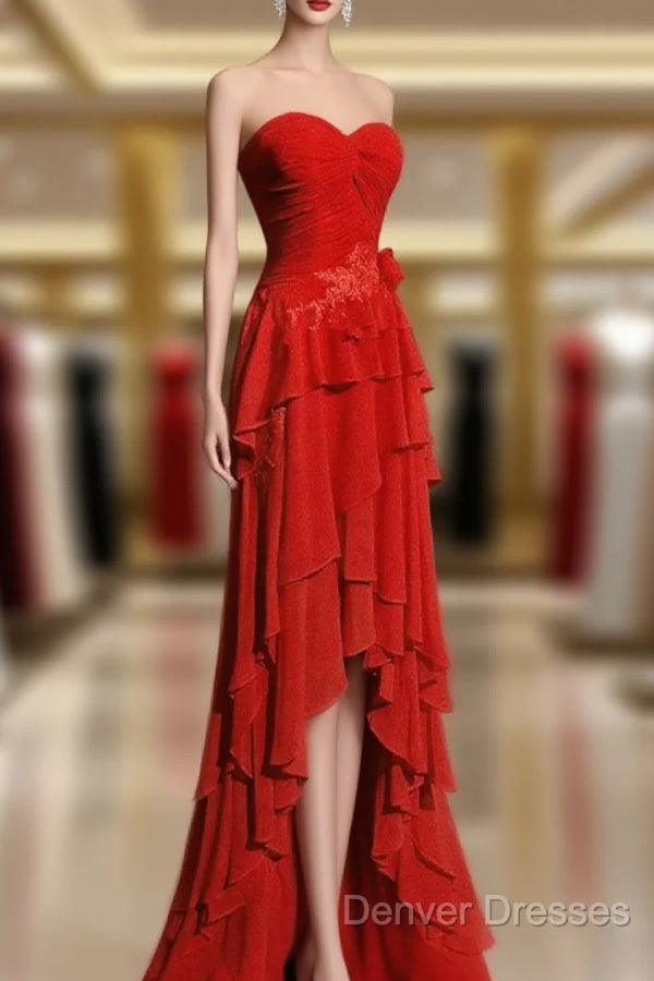 Chic Red High Low Chiffon Wedding Party Dress, Red Layers Long Formal Dress Main image