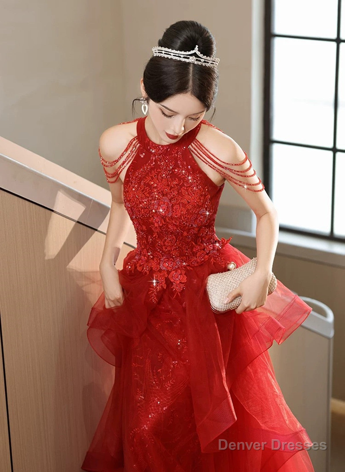 Chic Red Tulle Halter A-Line Long Evening Dress, Tulle Prom Dress Party Dress Secondary image