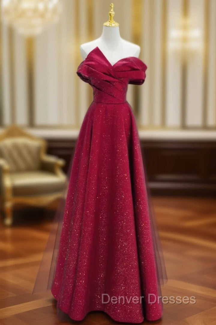 Chic Satin Long Party Dress Prom Dress, A-line Red Off Shoulder Evening Dress Main image