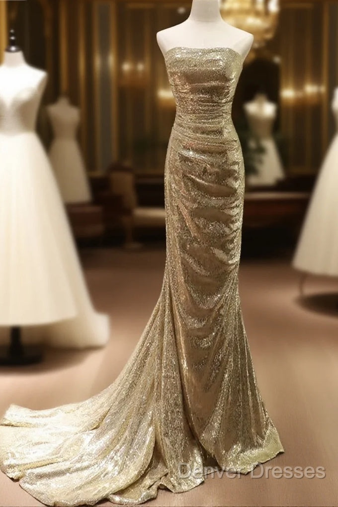 Chic Sequins Mermaid Scoop Long Formal Dress, Gold Long Prom Dress Party Dress Main image