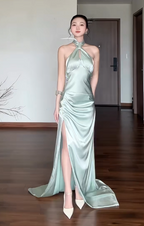 Chic Sheath Green Wedding Guest Dress Satin Halter Long Evening Dress