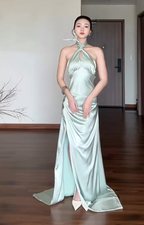 Chic Sheath Green Wedding Guest Dress Satin Halter Long Evening Dress