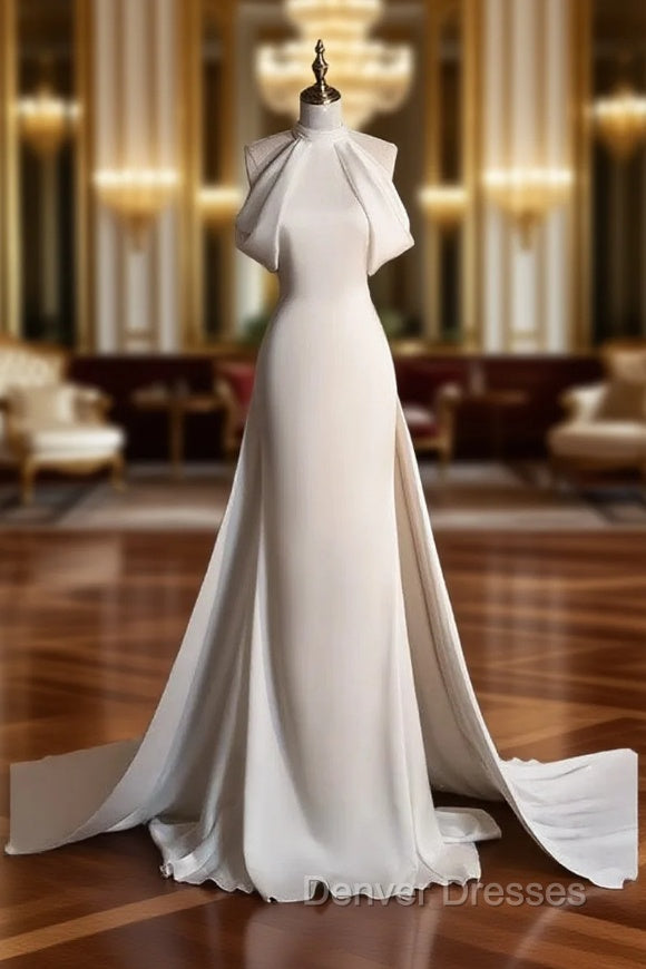 Chic Sheath High neckline Sleeveless Ivory Satin Long Wedding Dress With Train Main image