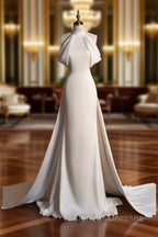 Chic Sheath High neckline Sleeveless Ivory Satin Long Wedding Dress With Train