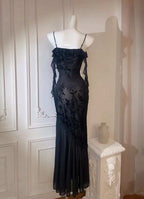 Chic Sheath Spaghetti Straps Black Evening Dress Long Prom Dress