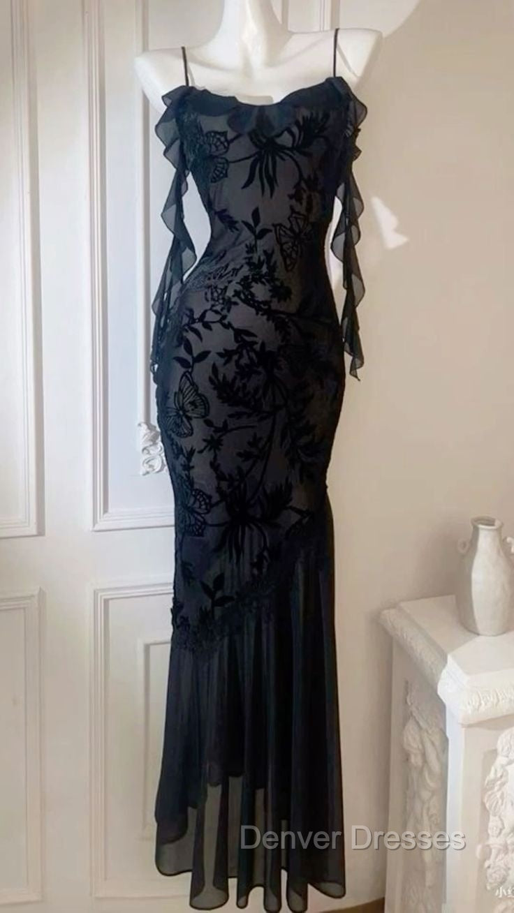 Chic Sheath Spaghetti Straps Black Evening Dress Long Prom Dress