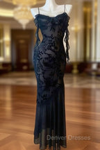 Chic Sheath Spaghetti Straps Black Evening Dress Long Prom Dress