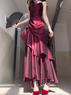 Chic Sheath Spaghetti Straps Burgundy Long Party Dress Birthday Outfits
