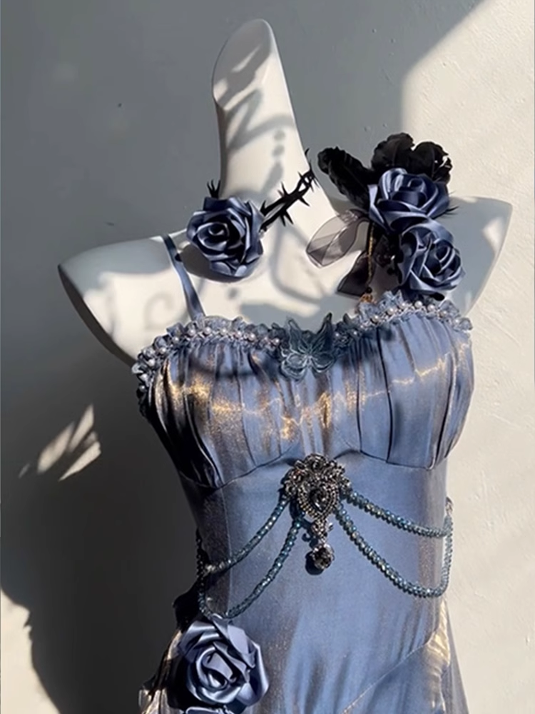Chic Sheath Spaghetti Straps Floral Blue Long Party Dress Birthday Outfits With Sleeves