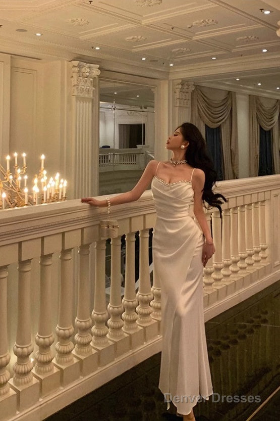 Chic Sheath Spaghetti Straps Long White Prom Dresses Birthday Outfits