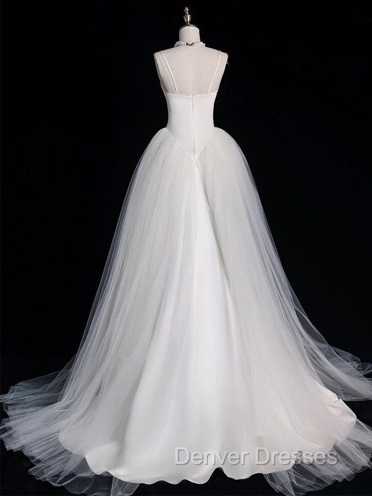 Chic Sheath Spaghetti Straps Sleeveless White Satin Wedding Dress With Ruffles