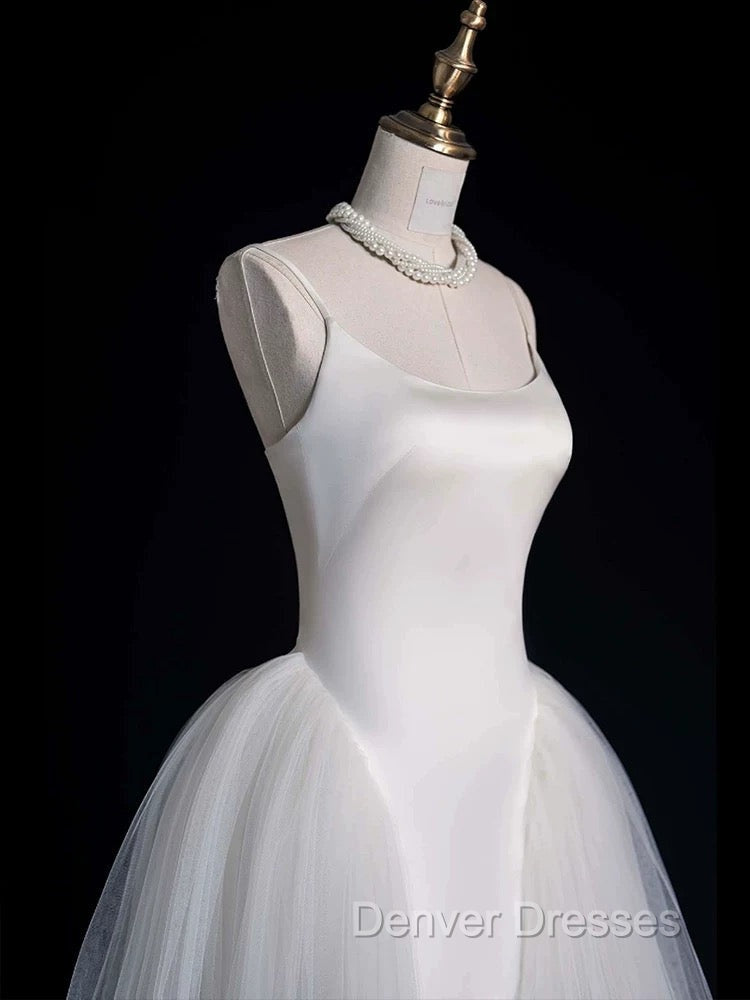 Chic Sheath Spaghetti Straps Sleeveless White Satin Wedding Dress With Ruffles