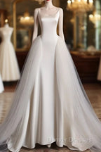 Chic Sheath Spaghetti Straps Sleeveless White Satin Wedding Dress With Ruffles
