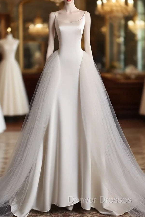 Chic Sheath Spaghetti Straps Sleeveless White Satin Wedding Dress With Ruffles Main image