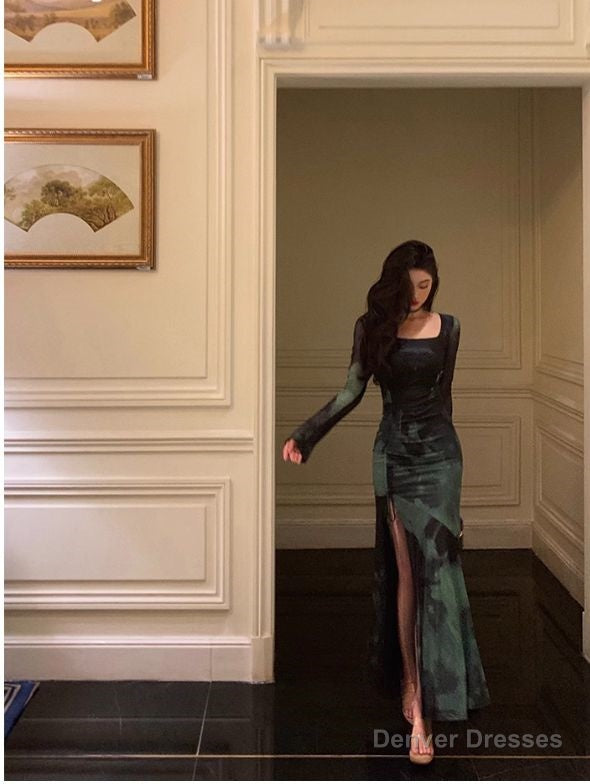 Chic Sheath Square Neckline Long Sleeves Green Long Prom Dresses Birthday Dress Main image