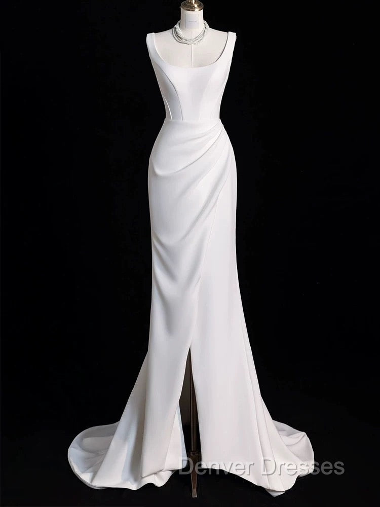 Chic Sheath Square Neckline Sleeveless White Satin Slit Wedding Dress With Ruffles Secondary image