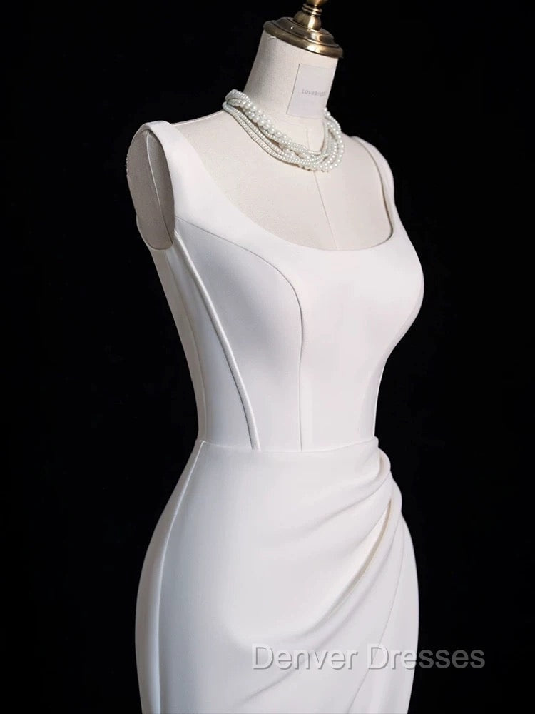 Chic Sheath Square Neckline Sleeveless White Satin Slit Wedding Dress With Ruffles