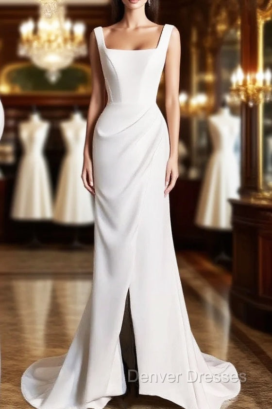 Chic Sheath Square Neckline Sleeveless White Satin Slit Wedding Dress With Ruffles Main image