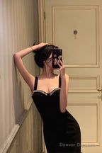 Chic Sheath Straps Black Satin Prom Dresses With Beads Birthday Dress