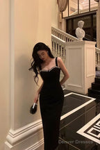 Chic Sheath Straps Black Satin Prom Dresses With Beads Birthday Dress