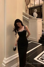 Chic Sheath Straps Black Satin Prom Dresses With Beads Birthday Dress